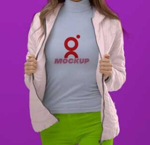 standing-Girl-blue-tshirt-front-view-with-logo-mockup