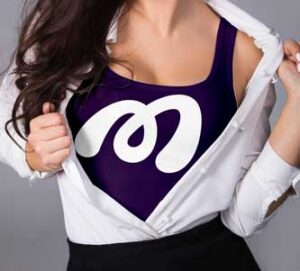 Girl wear purple top with logo