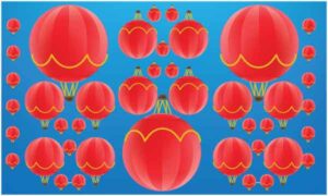 Red hot air balloon display on blue background