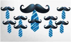 blue stripped tie and dark grey moustache on abstract white background