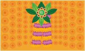 Flower decorate with green leave display with various small and big circle on abstract yellow background