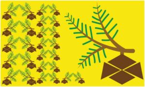 Set of three brown stem and green leaf on yellow background
