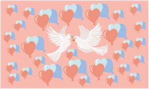 Bunch of three heart with pair of white sparrow display on pink background