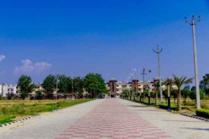 Entrance view of residential colony with greenery and light