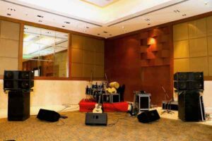 Musical instruments scattered in room