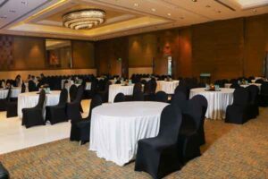 Seating arrangement at night in restaurant
