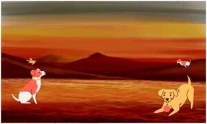 Dogs playing on colourful background