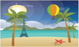 Aircraft balloon flying over ocean near coconut tree