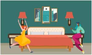 Young boy and girl dancing with joy in bedroom