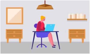 Lady sit on moving chair with laptop
