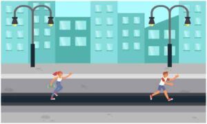 Guys run after each-other on road along roadside lamp