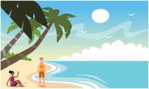 Young guys enjoy under coconut tree at shore of ocean
