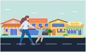 Young lady walking on road with her small boy wearing mask