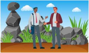 Guys standing near stone artwork chatting with each other