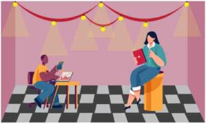 Man and woman sitting in room in different posture and doing work