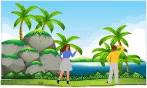 Young boy and girl standing near palm-tree