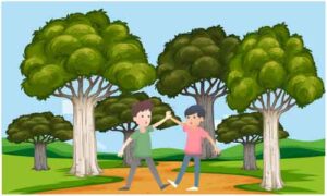 Small boys playing together under bunch of trees