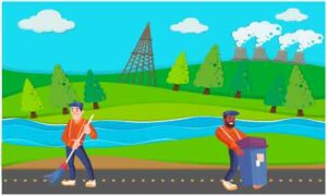 Sweeper sweeping road with broom and dustbin
