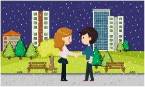 Young boy and girl shake hands each-other in park