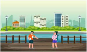 Boy and girl standing face to face in different posture near river