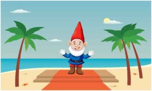 Cartoon boy standing on mat at shore of sea near palm tree
