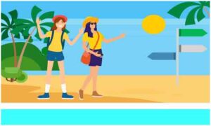 Girls standing near direction pole and palm tree