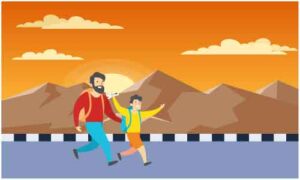 Young man walking on road with small boy happily
