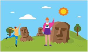 Two young girls standing near neolithic brown stone statue