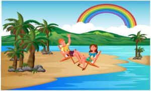 Boy and girl sit on rest chair enjoy rainbow in sweet weather