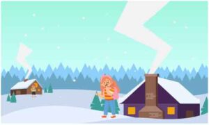 Kids standing outside the cottage with slant roof near hills
