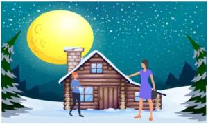 Young girls standing outside cottage
