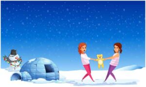 Two little lovely girl playing together with teddy toy on ice floor