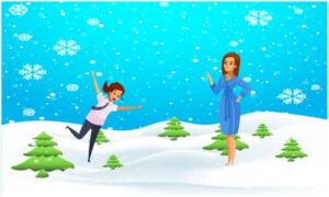 Two girls are playing in snow enjoy with dancing