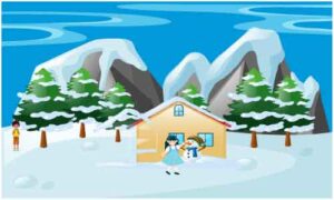 Sweet little girl standing with ice-man outside her house