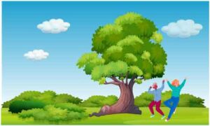Young girl and boy dancing with joy in park near huge barged tree