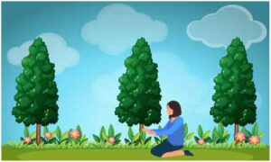 Young girl sit on knelt down on earth near plants and pine tree