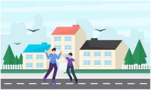 Two young girls dancing in midst of road near building