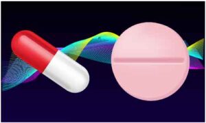 Capsule and tablet display on colourful dark background