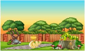 Cartoon snake and bugs present in garden