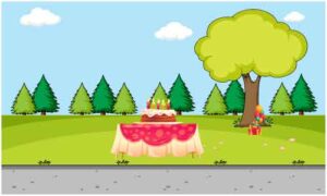 Birthday cake with burning candles display on round table