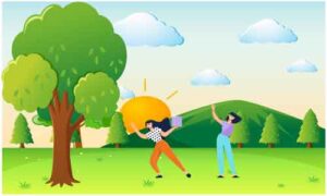 Girls enjoy weather in garden near trees and mountains
