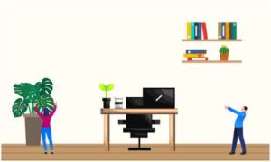 Man and woman standing around computer place on table