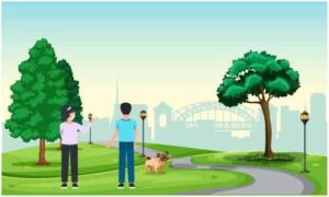 Backside of boy and girl standing in park roadside with dog