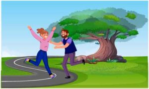 Young boy and girl play in middle of road near huge tree
