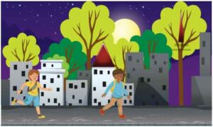 Two little boy running in street in front of their house carry bag on back