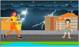 Young lady chase after kid on road in cloudy night
