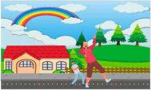Two young guys dancing with joy in midst of road near cottage