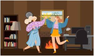 Two young girls dancing with joy near furnace with fire