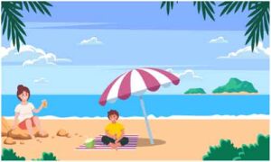 Small boy sit on mat under umbrella in sunny day on bank of river